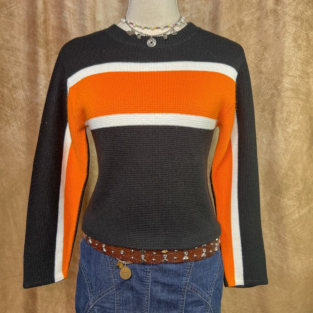 Vintage 90s Striped Sweater Knit Orange Black Long Sleeve Boxy Skater Indie Y2K